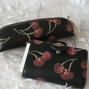 **SOLD OUT**Coach-Black & Cherry Embroidered Wallet and Pencil Case *SET*